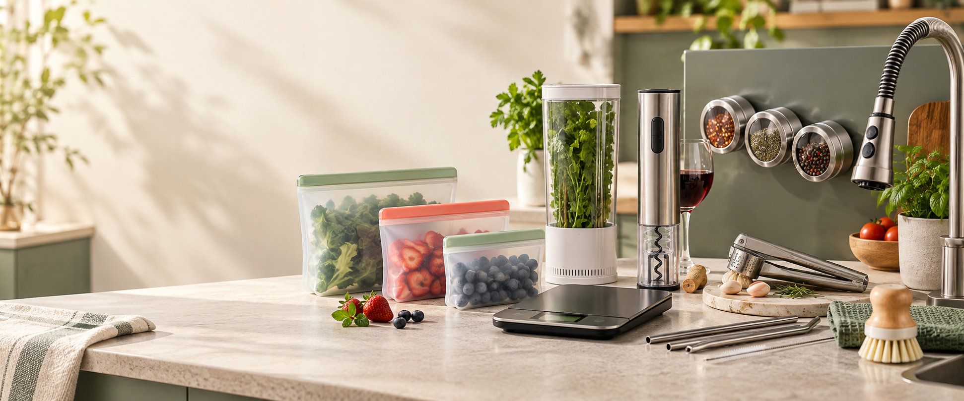 Utensílios modernos organizados sobre uma bancada de cozinha
